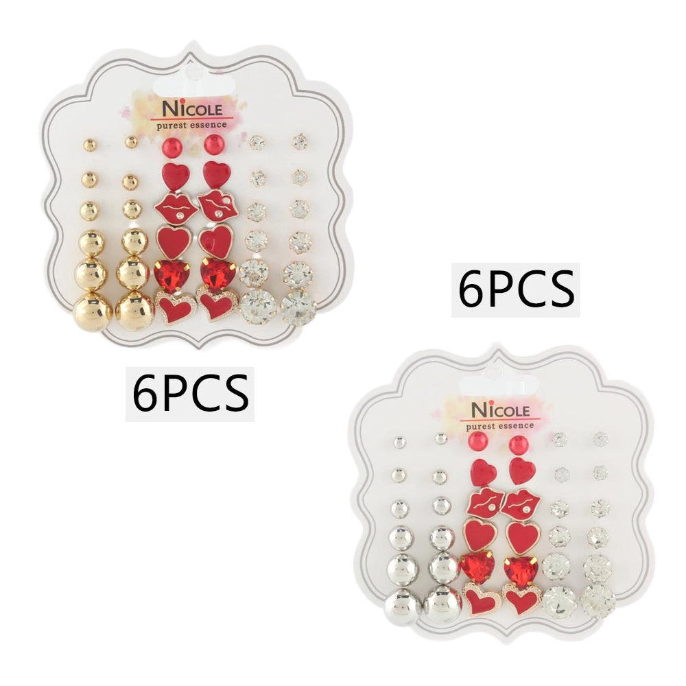 18-Pair Romantic Red & Gold Stud Earring Set (CR3791)