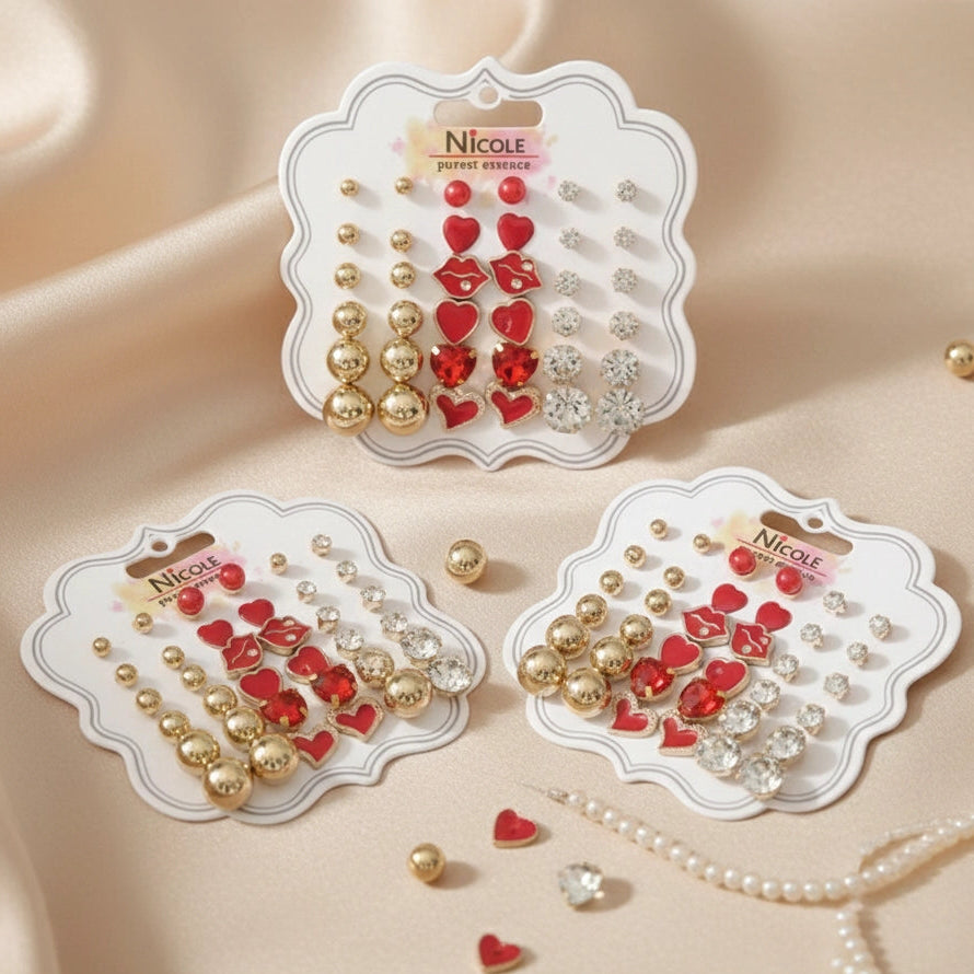18-Pair Romantic Red & Gold Stud Earring Set (CR3791)