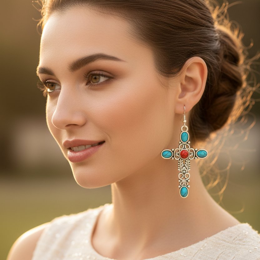 Vintage Western Turquoise Cross Dangle Earrings Bulk Pack - Antique Silver Bohemian Cross Fishhook Earrings, 12-Pair Dozen Pack (CR3841)