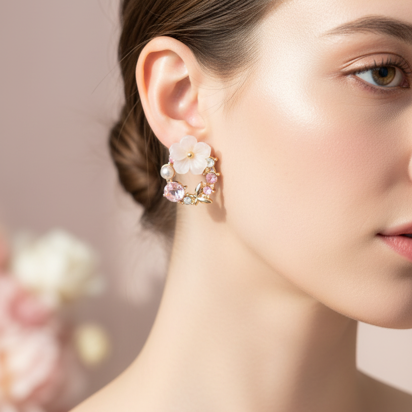 Floral Wreath Crystal & Pearl Post Earrings (CR3870)