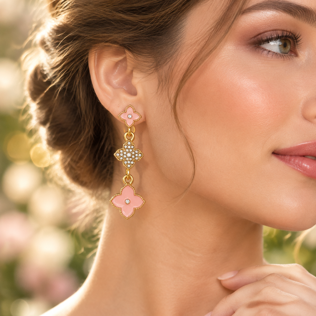 5CM 3-Tier Clover Drop Earrings with Rhinestone Accent – Assorted Colors 12-Pair Wholesale Pack (CR3934A)