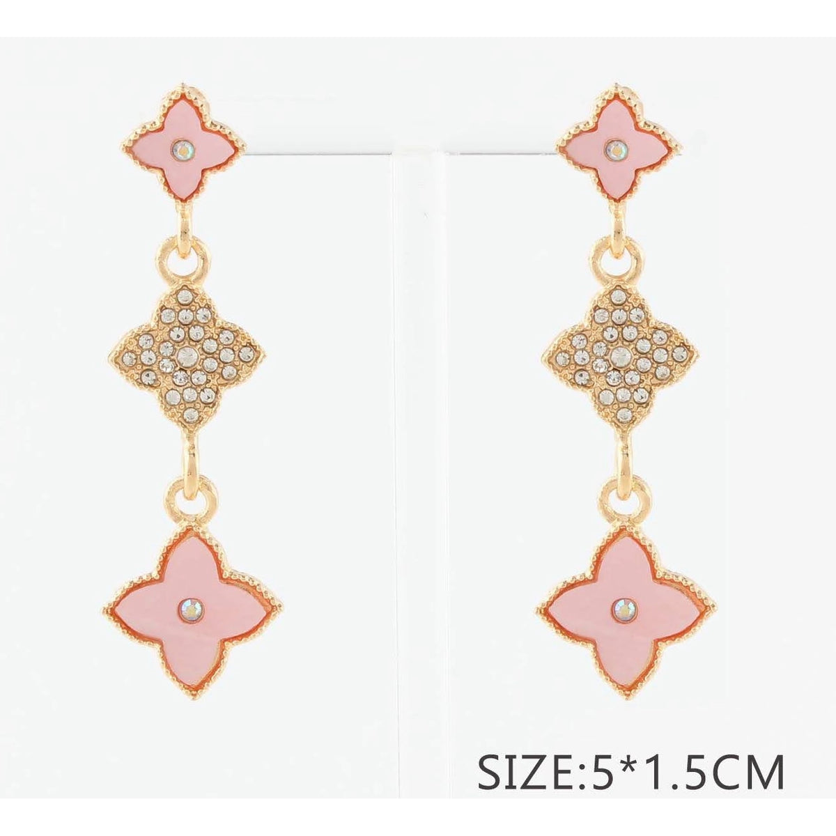 5CM 3-Tier Clover Drop Earrings with Rhinestone Accent – Assorted Colors 12-Pair Wholesale Pack (CR3934A)