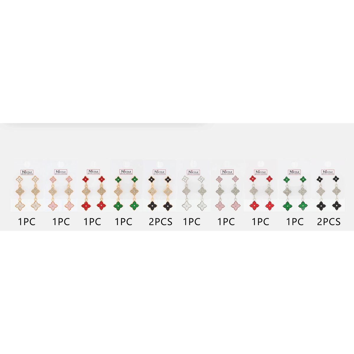5CM 3-Tier Clover Drop Earrings with Rhinestone Accent – Assorted Colors 12-Pair Wholesale Pack (CR3934A)