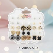 15-Pair Mixed Stud Earring Set – Floral, Heart, & Geometric Designs CR3957