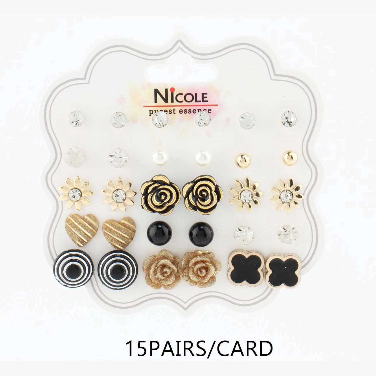 15-Pair Mixed Stud Earring Set – Floral, Heart, & Geometric Designs CR3957