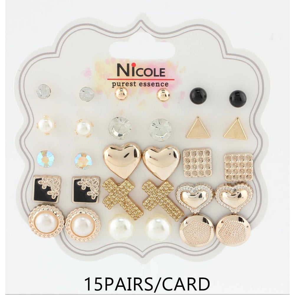 Elevate Your Style: 15-Pair Mixed Geometric & Pearl Stud Earring Set (CR3962)