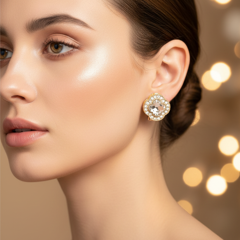 Four-Leaf Clover Crystal Clip-On Earrings (CR3989)