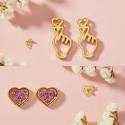 Show Your Love: Korean Finger Heart & Bling Heart Stud Earrings (Stainless Steel)