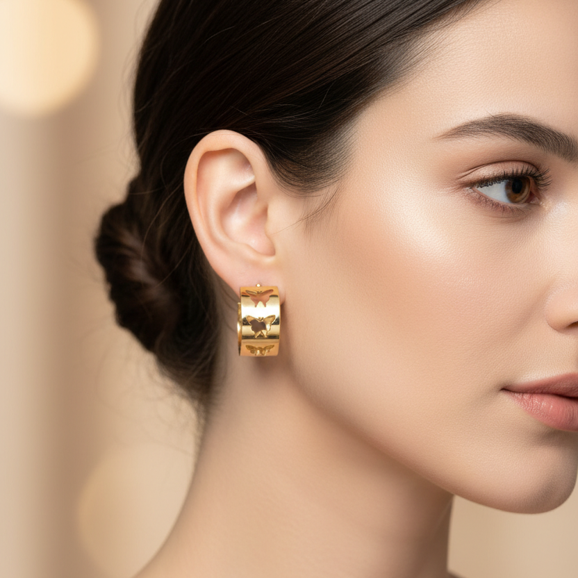 Butterfly Cutout Wide Hoop Post Earrings – 1.8cm Stainless Steel Fashion Jewelry (Gold & Silver Finish) - 12 Pair (CR4043)