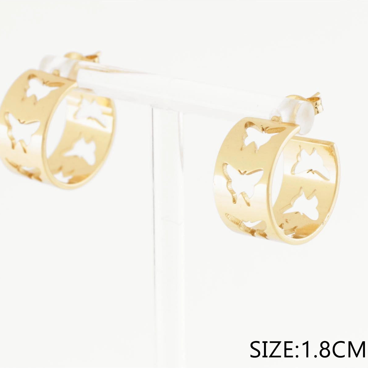 Butterfly Cutout Wide Hoop Post Earrings – 1.8cm Stainless Steel Fashion Jewelry (Gold & Silver Finish) - 12 Pair (CR4043)