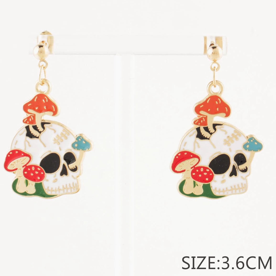 Gothic Mushroom Skull Dangle Post Earrings | Spooky Enamel Halloween Jewelry (3.6 cm) (CR4050)