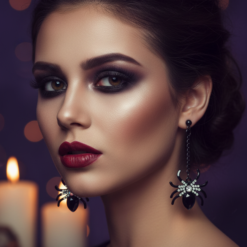 Gothic Black Spider Dangle Earrings – Rhinestone Halloween Drop Post Earrings for Women (CR4052)