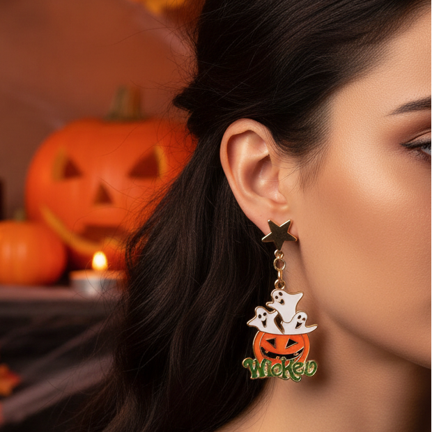 Mismatched Halloween Pumpkin & Ghost Dangle Post Earrings | Spooky Gold Drop Earrings (4.5 cm) (CR4056)