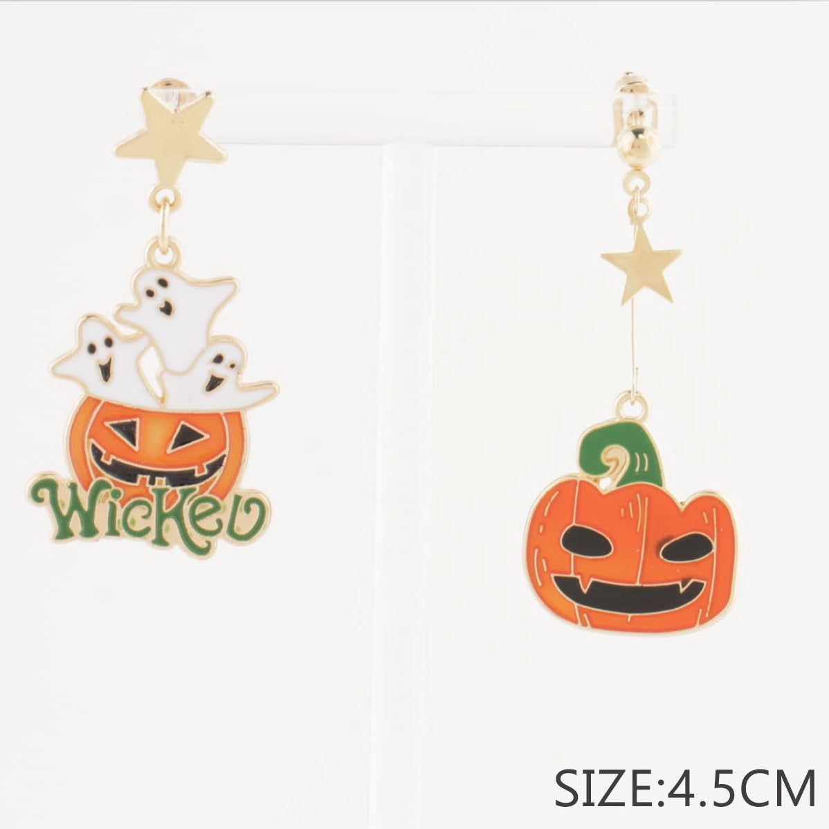 Mismatched Halloween Pumpkin & Ghost Dangle Post Earrings | Spooky Gold Drop Earrings (4.5 cm) (CR4056)