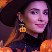 Halloween Pumpkin Witch Hat Dangle Post Earrings – Spooky Enamel Jack-o'-Lantern Drop Earrings for Women (CR4059)