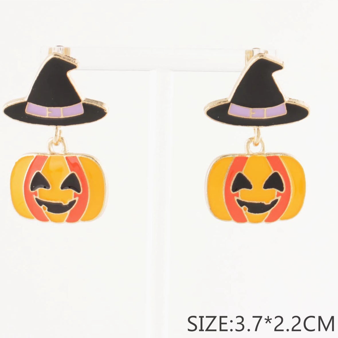 Halloween Pumpkin Witch Hat Dangle Post Earrings – Spooky Enamel Jack-o'-Lantern Drop Earrings for Women (CR4059)
