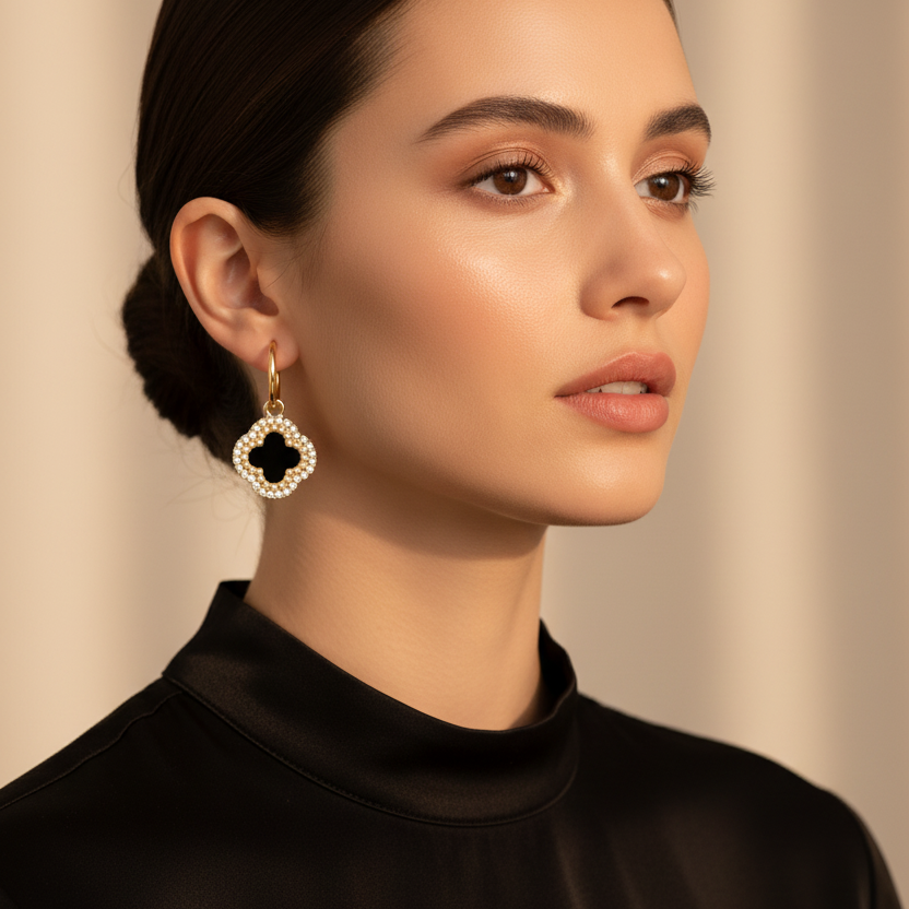 Black Clover Rhinestone Dangle Hoop Earrings – Gold & Silver Fashion Jewelry (CR4082)