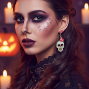 Halloween Rhinestone Sugar Skull Dangle Earrings with Pink Rose – Day of the Dead Drop Earrings (1 Dozen Pack / 12 Pairs) (CR4088)