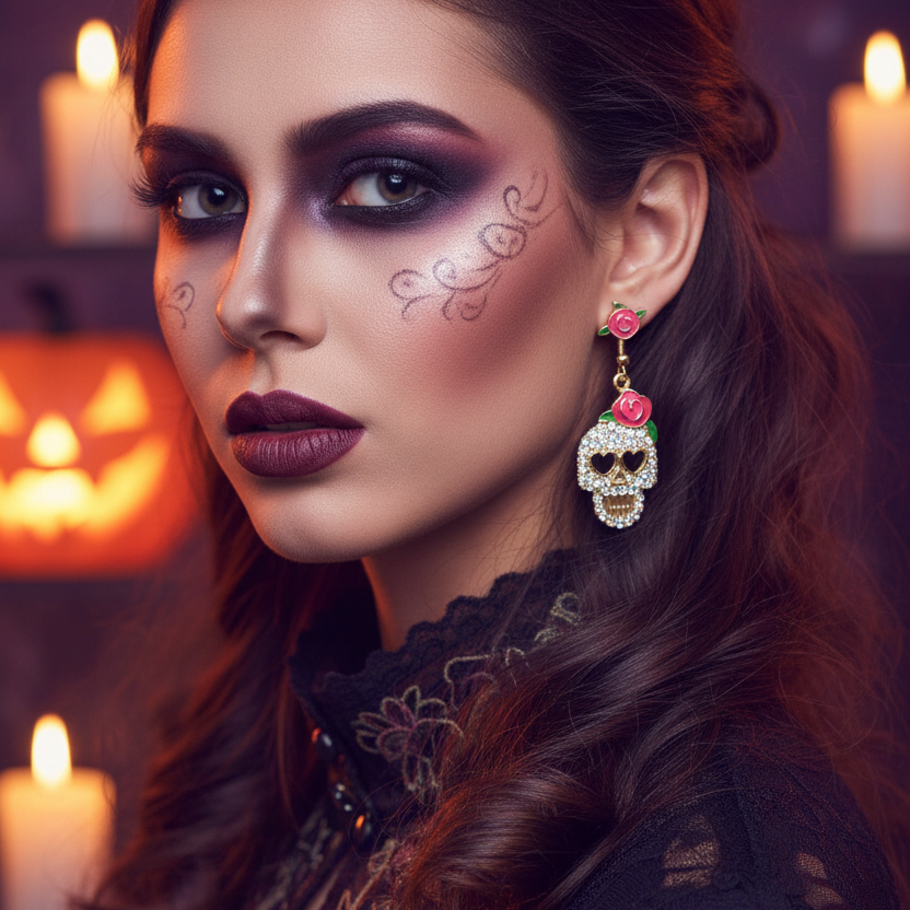 Halloween Rhinestone Sugar Skull Dangle Earrings with Pink Rose – Day of the Dead Drop Earrings (1 Dozen Pack / 12 Pairs) (CR4088)