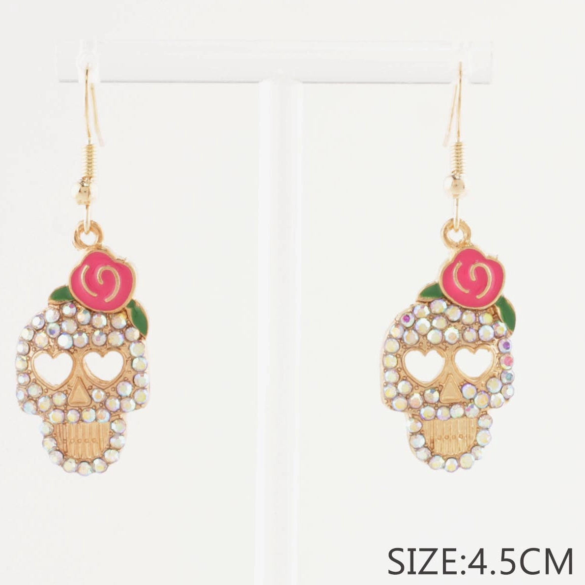 Halloween Rhinestone Sugar Skull Dangle Earrings with Pink Rose – Day of the Dead Drop Earrings (1 Dozen Pack / 12 Pairs) (CR4088)