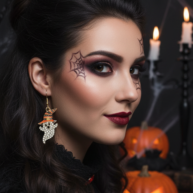 Spooky Halloween Rhinestone Ghost Drop Earrings with Witch Hat | Wholesale Fish Hook Dangle Earrings (4.7 cm) (CR4097)