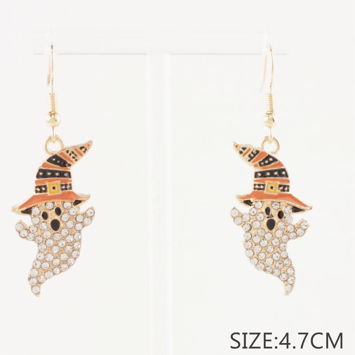 Spooky Halloween Rhinestone Ghost Drop Earrings with Witch Hat | Wholesale Fish Hook Dangle Earrings (4.7 cm) (CR4097)
