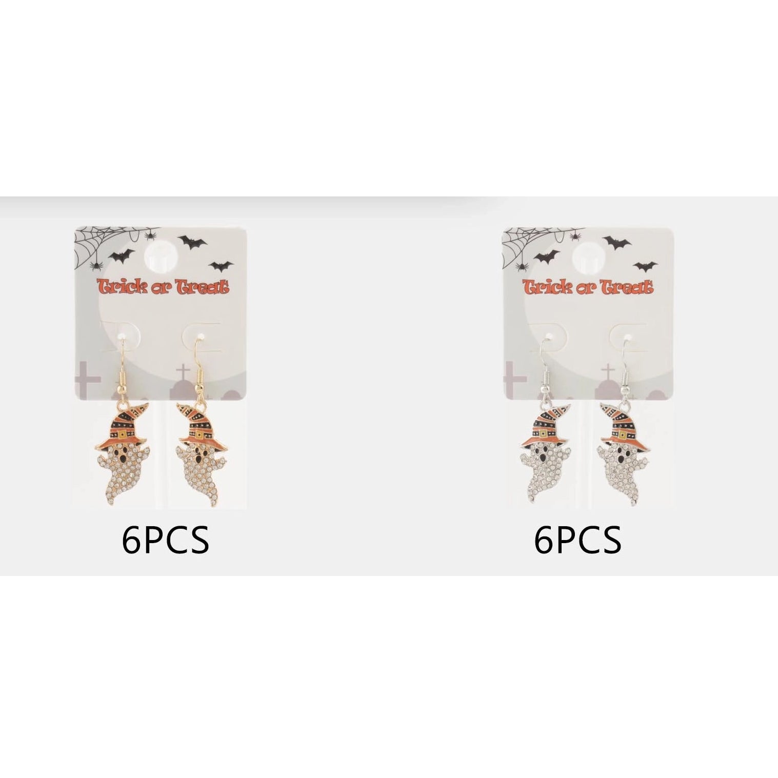 Spooky Halloween Rhinestone Ghost Drop Earrings with Witch Hat | Wholesale Fish Hook Dangle Earrings (4.7 cm) (CR4097)