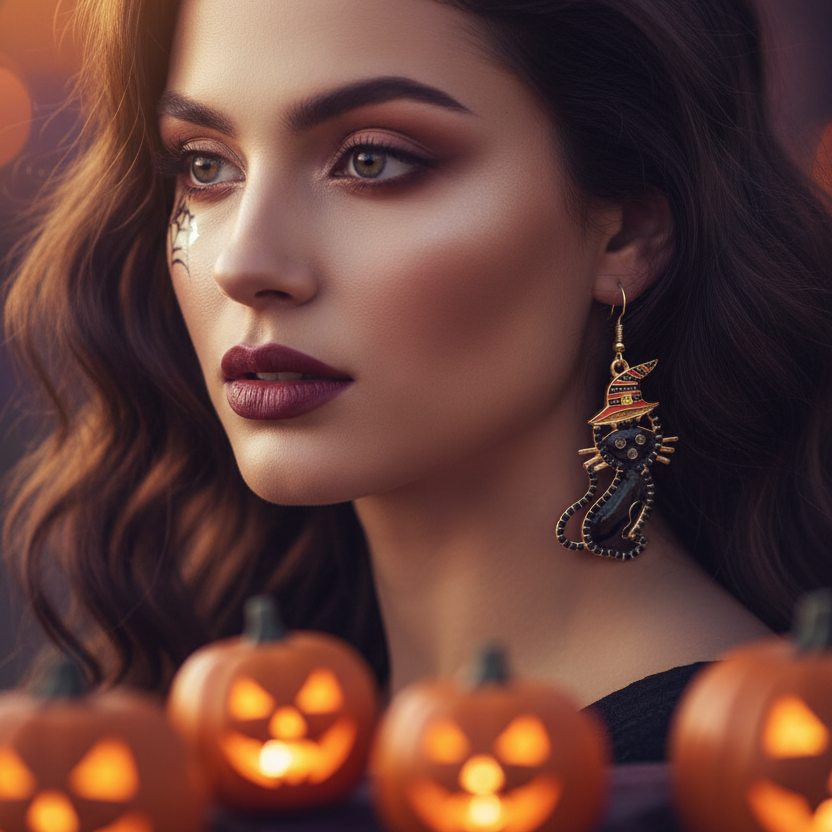 Spooky Halloween Black Cat Witch Hat Dangle Earrings – Rhinestone Enamel Drop Earrings for Women (CR4099)