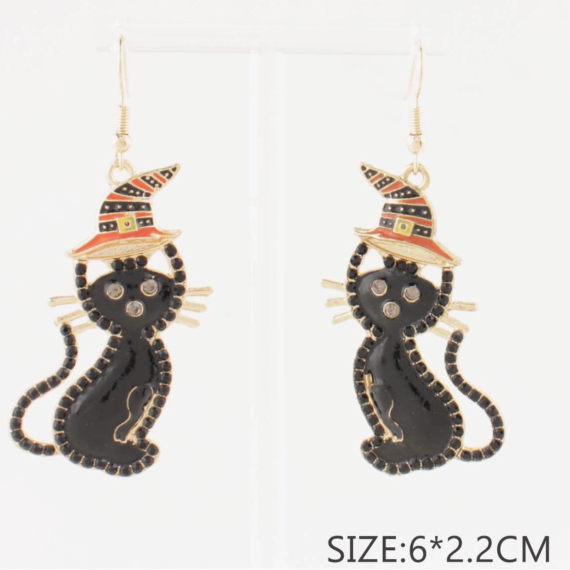 Spooky Halloween Black Cat Witch Hat Dangle Earrings – Rhinestone Enamel Drop Earrings for Women (CR4099)
