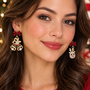 Sparkling Christmas Bells & Reindeer Mismatched Dangle Earrings – Red Ribbon Bow Post Earrings 12-Pair Wholesale Pack (CR4100)