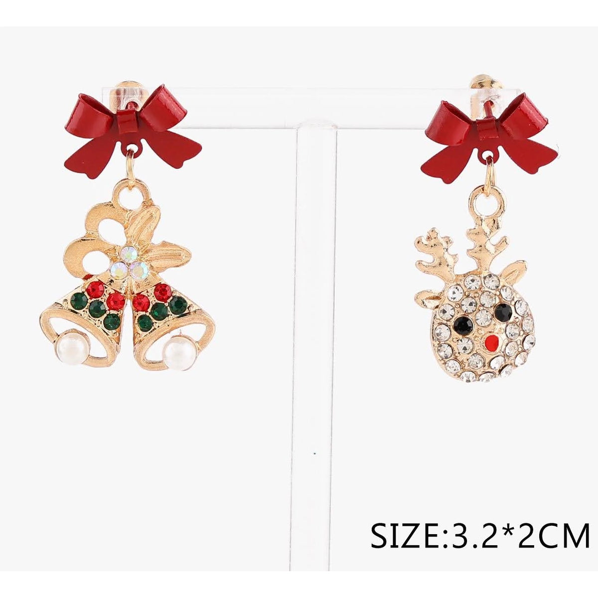 Sparkling Christmas Bells & Reindeer Mismatched Dangle Earrings – Red Ribbon Bow Post Earrings 12-Pair Wholesale Pack (CR4100)