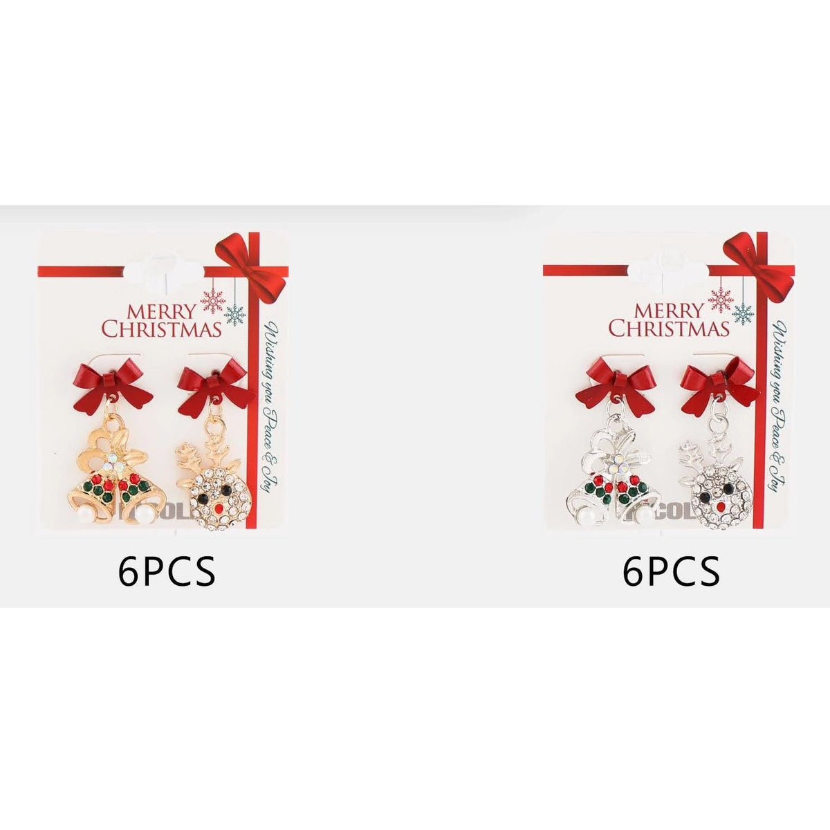Sparkling Christmas Bells & Reindeer Mismatched Dangle Earrings – Red Ribbon Bow Post Earrings 12-Pair Wholesale Pack (CR4100)