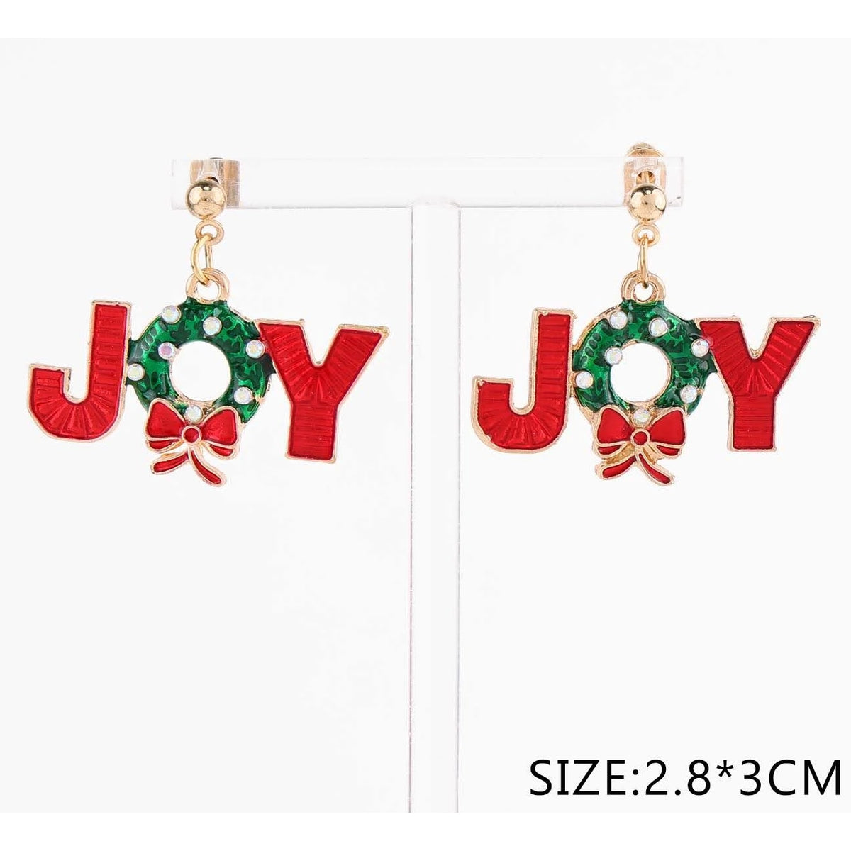 Christmas "JOY" Wreath Dangle Earrings – Red Enamel & Green Wreath Post Earrings 12-Pair Wholesale Pack (CR4105)
