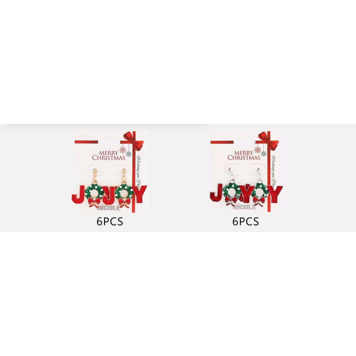 Christmas "JOY" Wreath Dangle Earrings – Red Enamel & Green Wreath Post Earrings 12-Pair Wholesale Pack (CR4105)
