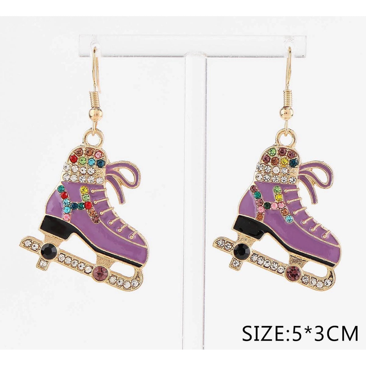 5CM Rhinestone Enamel Ice Skate Dangle Earrings – Assorted Colors 12-Pair Wholesale Pack (CR4107)