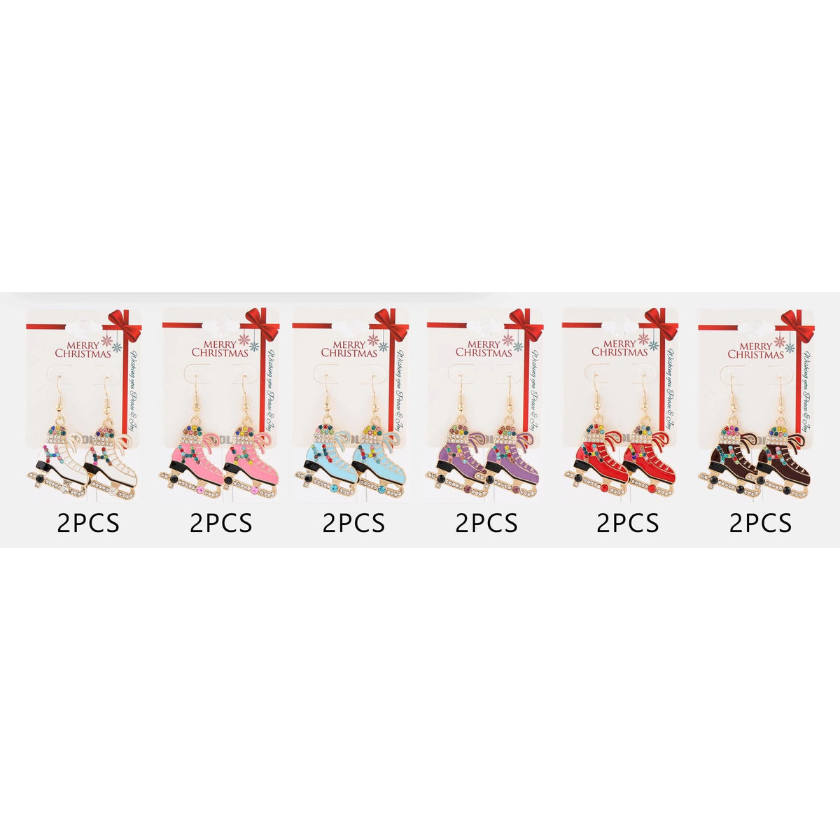 5CM Rhinestone Enamel Ice Skate Dangle Earrings – Assorted Colors 12-Pair Wholesale Pack (CR4107)