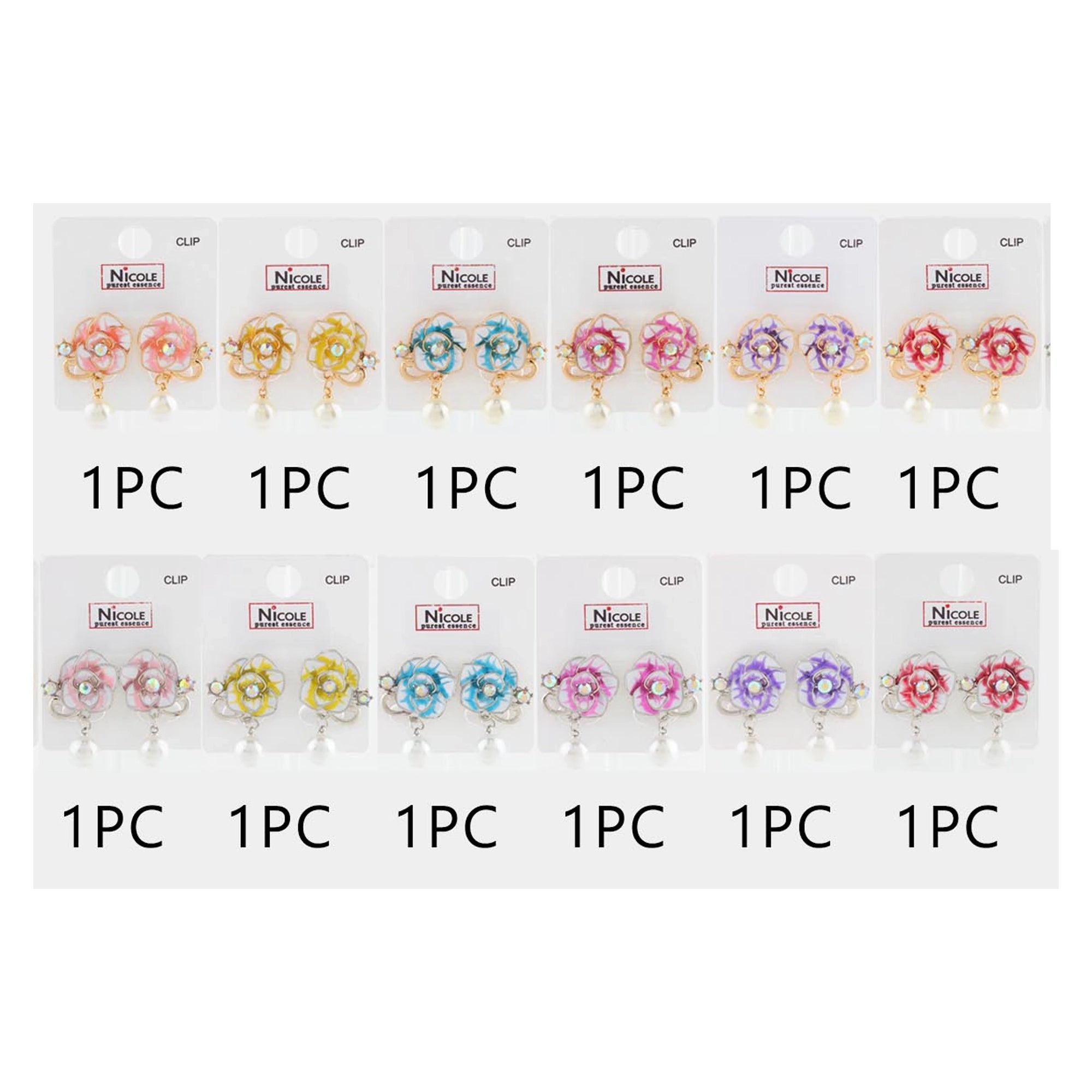 Floral Pearl Clip-On Earrings – 12-Pair Dozen Pack – Vintage Enamel Rose Dangle Clip Earrings, Bulk Fashion Jewelry (Style CR4144)
