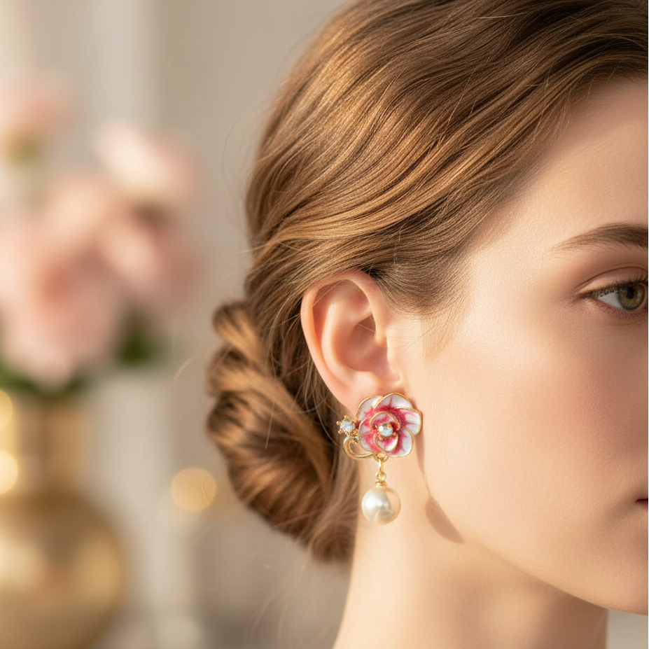 Floral Pearl Clip-On Earrings – 12-Pair Dozen Pack – Vintage Enamel Rose Dangle Clip Earrings, Bulk Fashion Jewelry (Style CR4144)