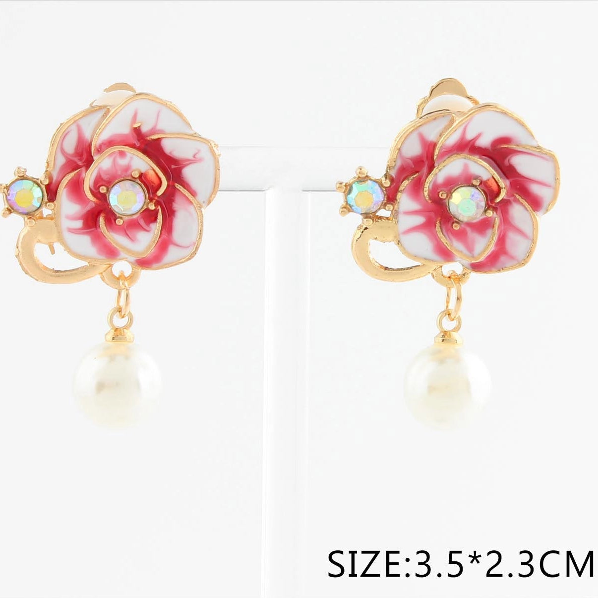 Floral Pearl Clip-On Earrings – 12-Pair Dozen Pack – Vintage Enamel Rose Dangle Clip Earrings, Bulk Fashion Jewelry (Style CR4144)