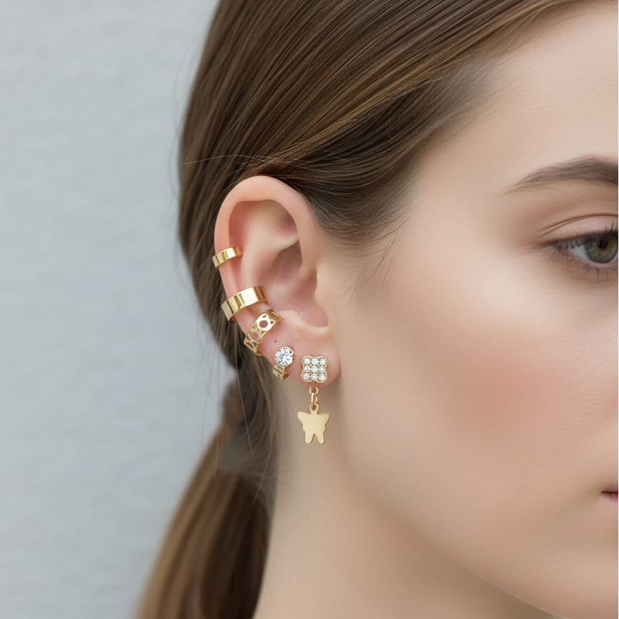 Elegant Ear Cuff & Stud Earring Set (6-Piece) – Gold & Silver Finish (CR4182)