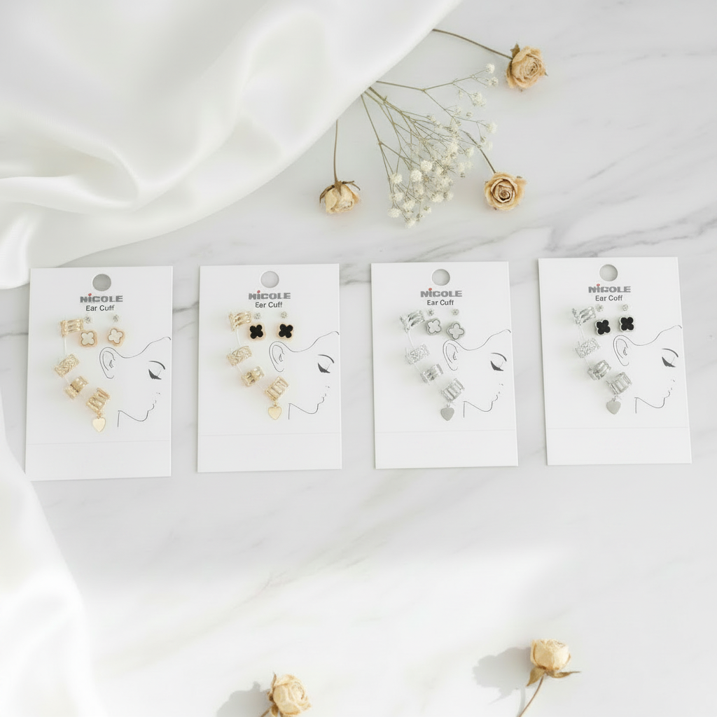 6-Piece Mixed Earring Set – 4 Gold/Silver Ear Cuffs & 2 Pairs of Studs – Clover Design (CR4184)