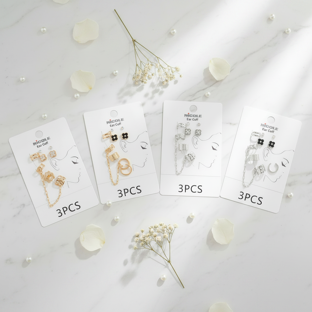 6pc Ear Cuff & Stud Set – Trendy Non-Pierced Cuffs with Clover & Crystal Studs (12pc)