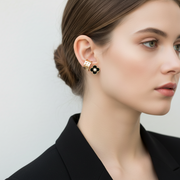 3-Piece Earring & Ear Cuff Set – Gold/Silver Chevron & Black Four-Leaf Clover Floral Ear Cuffs with Stud Earrings (Set of 3) – Style CR4193