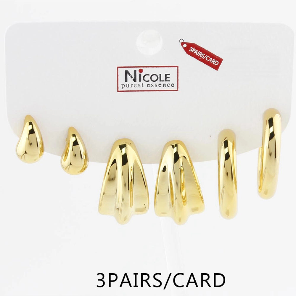 3 Pairs Gold & Silver Chunky Hoop Earrings Set for Women, Sculptural Teardrop & Pleated Fan Studs, High Polish High-Fashion Jewelry Multipack (CR4234)