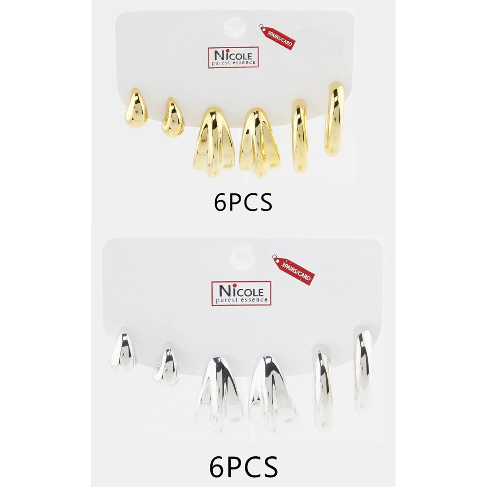 3 Pairs Gold & Silver Chunky Hoop Earrings Set for Women, Sculptural Teardrop & Pleated Fan Studs, High Polish High-Fashion Jewelry Multipack (CR4234)