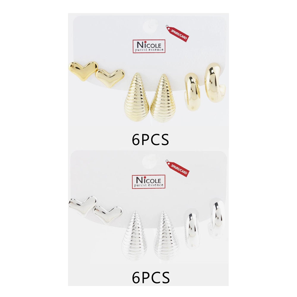 3-Pair Gold & Silver Earring Set - Chunky Hoops, Ribbed Teardrops, & Puffy Heart Studs