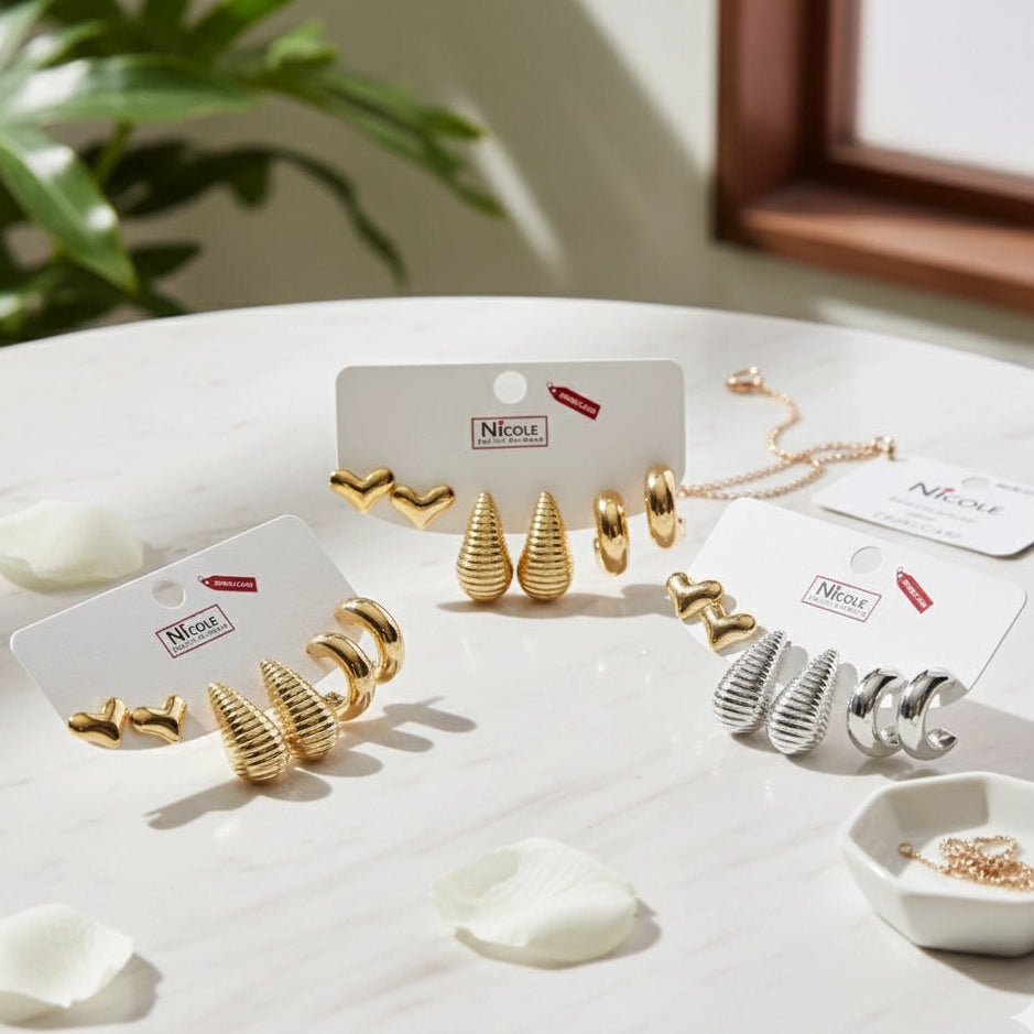 3-Pair Gold & Silver Earring Set - Chunky Hoops, Ribbed Teardrops, & Puffy Heart Studs