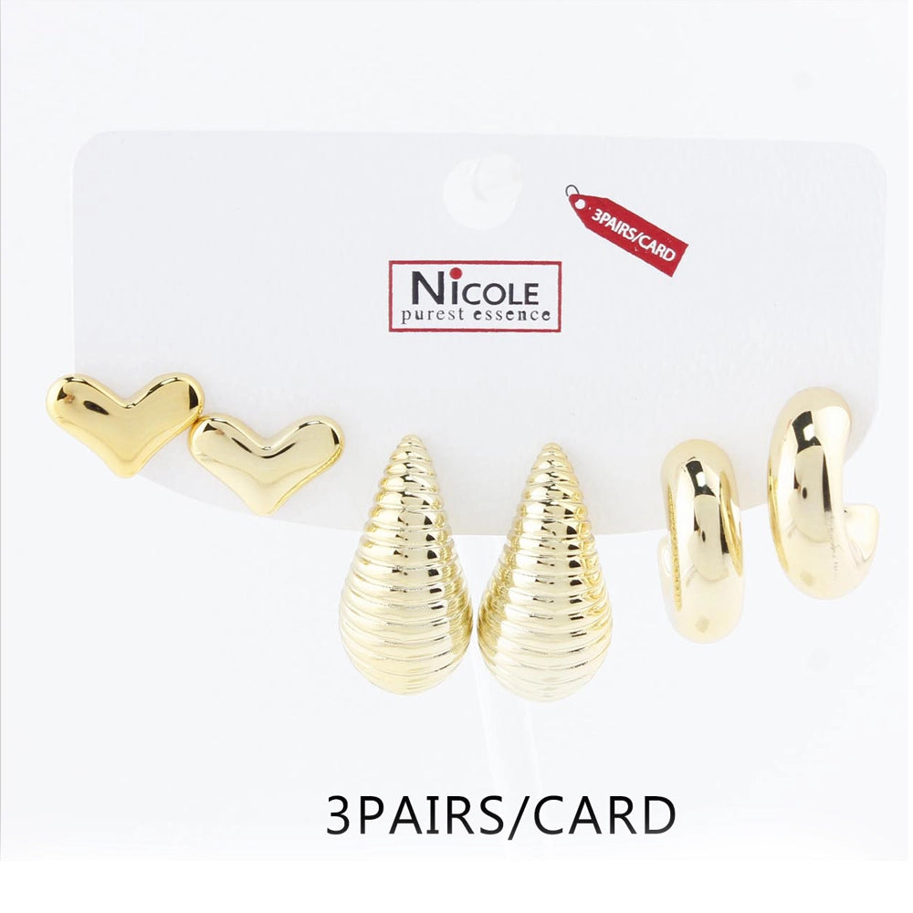 3-Pair Gold & Silver Earring Set - Chunky Hoops, Ribbed Teardrops, & Puffy Heart Studs