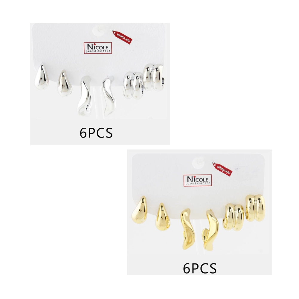 3-Pair Sculptural Earring Set - Gold & Silver Tone Geometric Studs and Chunky Ribbed Hoops - 6-Piece Curated Ear Pack (CR4242)