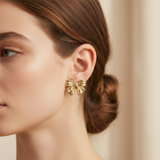 Gold & Silver Bow Stud Earrings - Stainless Steel Ribbon Post Earrings for Women (CR4261)